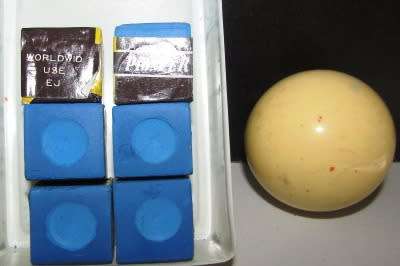 Six pieces (unused) of Pioneer Worldwid Use EJ Cue Chalk and A Used White Snooker Ball